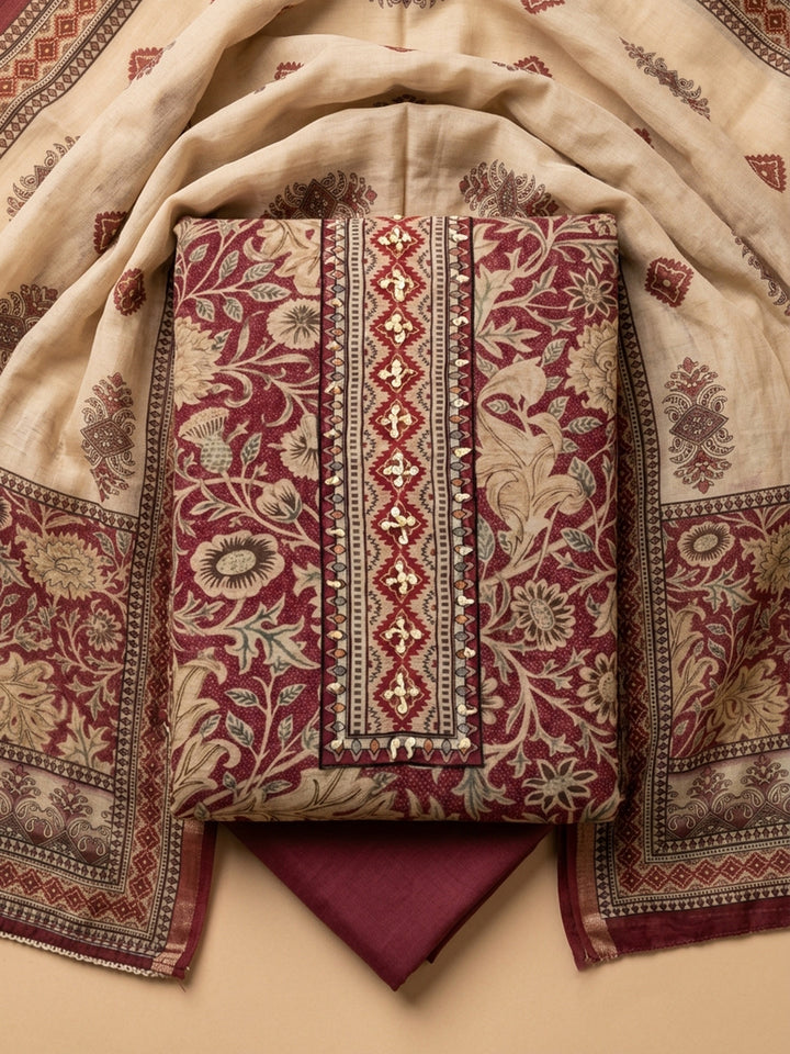 Pink Embroidered Chanderi Unstitched Suit &amp; Pant With Chanderi Dupatta