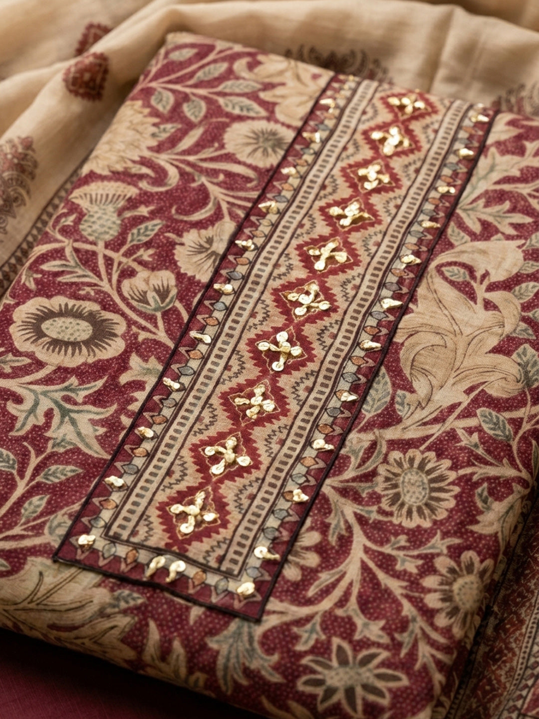 Pink Embroidered Chanderi Unstitched Suit &amp; Pant With Chanderi Dupatta