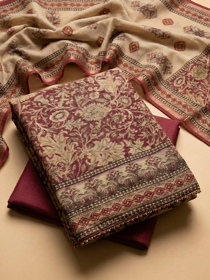 Pink Embroidered Chanderi Unstitched Suit &amp; Pant With Chanderi Dupatta
