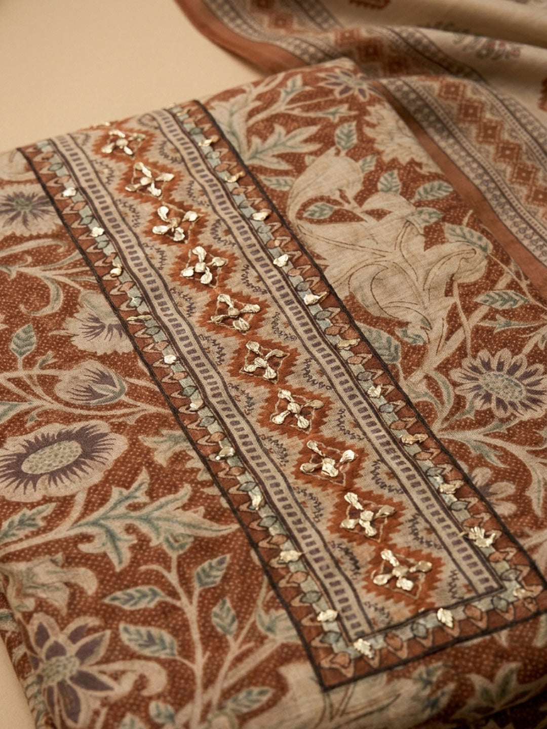 Rust Embroidered Chanderi Unstitched Suit &amp; Pant With Chanderi Dupatta
