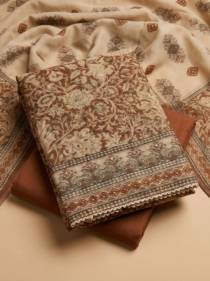 Rust Embroidered Chanderi Unstitched Suit &amp; Pant With Chanderi Dupatta