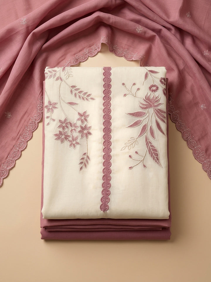Dusty Pink Embroidered Chanderi Unstitched Suit &amp; Pant With Chanderi Dupatta
