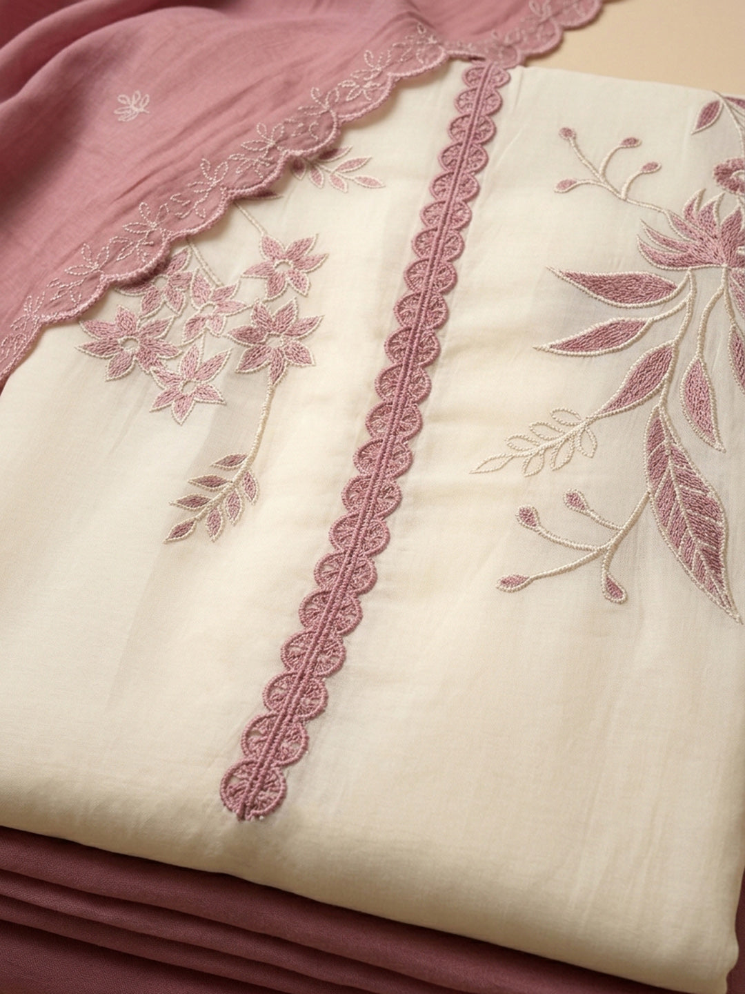 Dusty Pink Embroidered Chanderi Unstitched Suit &amp; Pant With Chanderi Dupatta