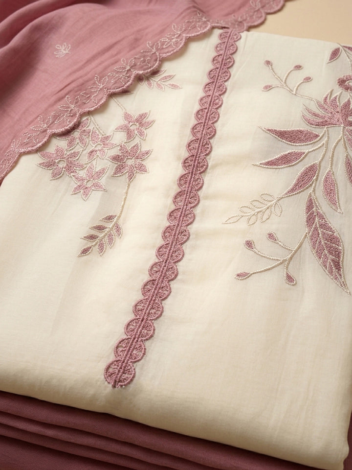 Dusty Pink Embroidered Chanderi Unstitched Suit &amp; Pant With Chanderi Dupatta