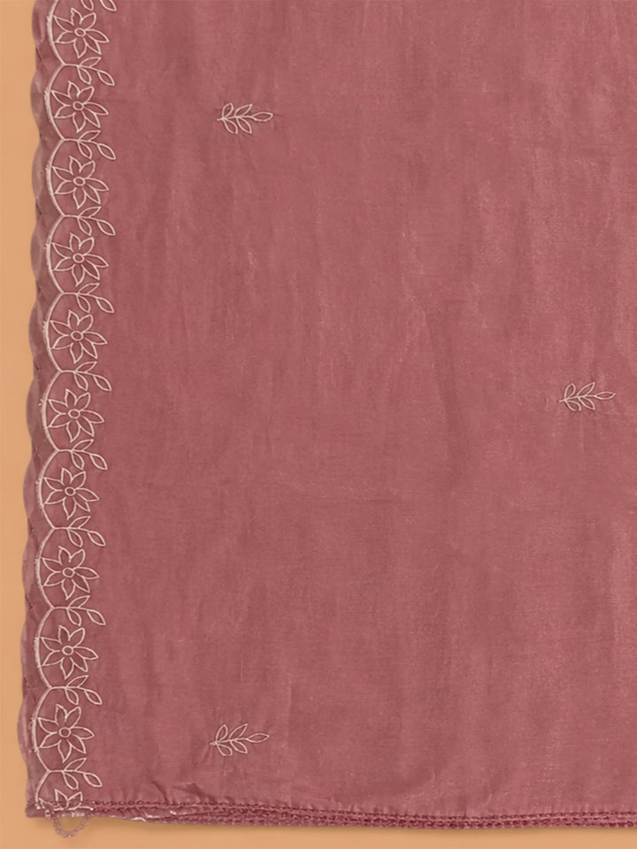 Dusty Pink Embroidered Chanderi Unstitched Suit &amp; Pant With Chanderi Dupatta
