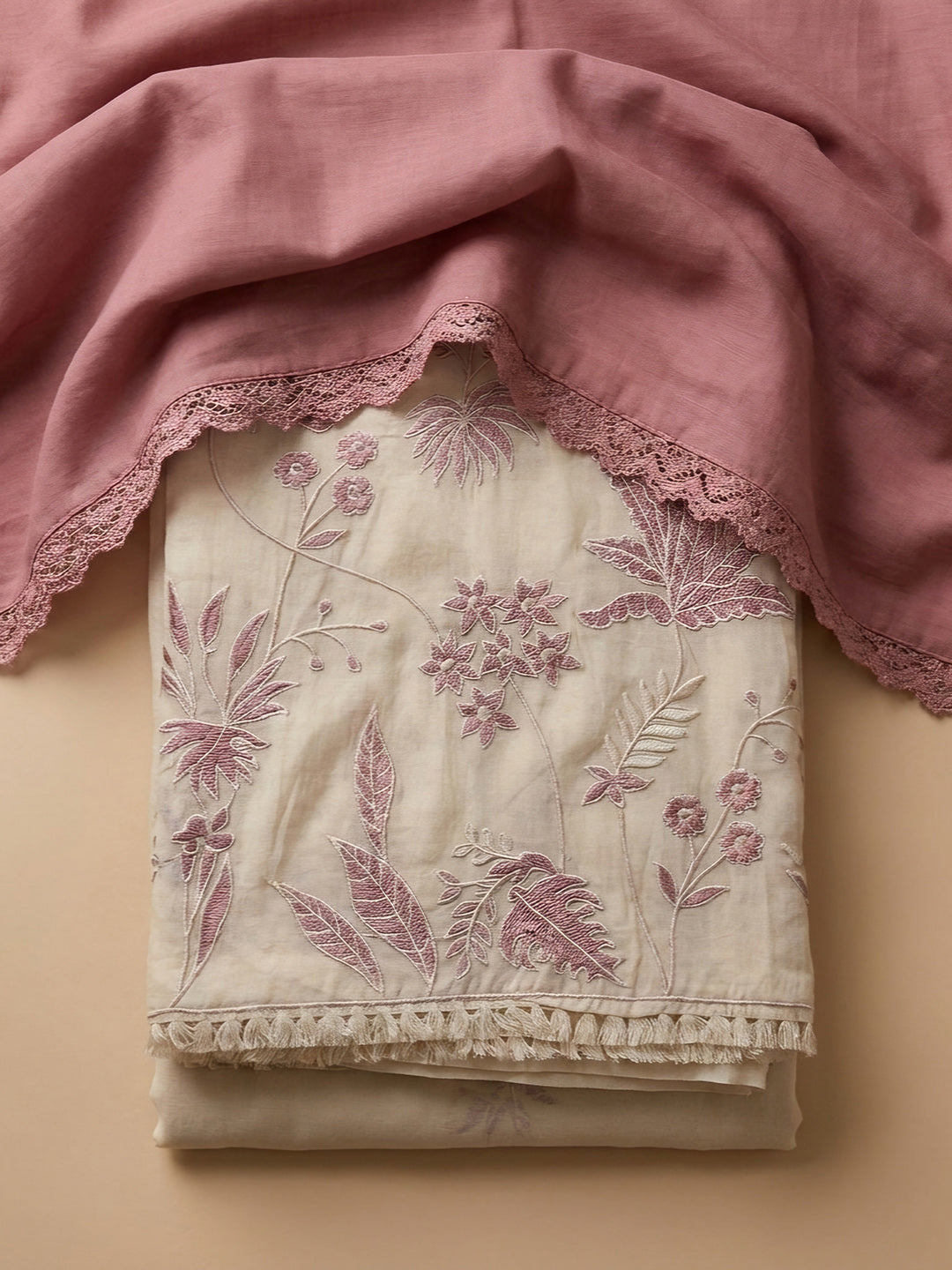 Dusty Pink Embroidered Chanderi Unstitched Suit &amp; Pant With Chanderi Dupatta