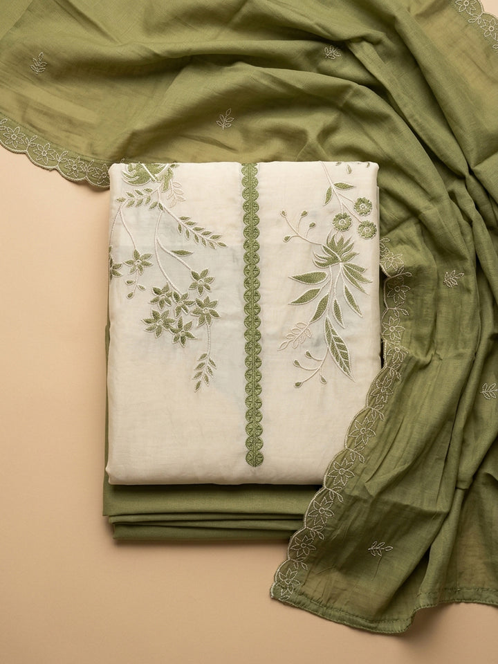 Olive Green Embroidered Chanderi Unstitched Suit &amp; Pant With Chanderi Dupatta