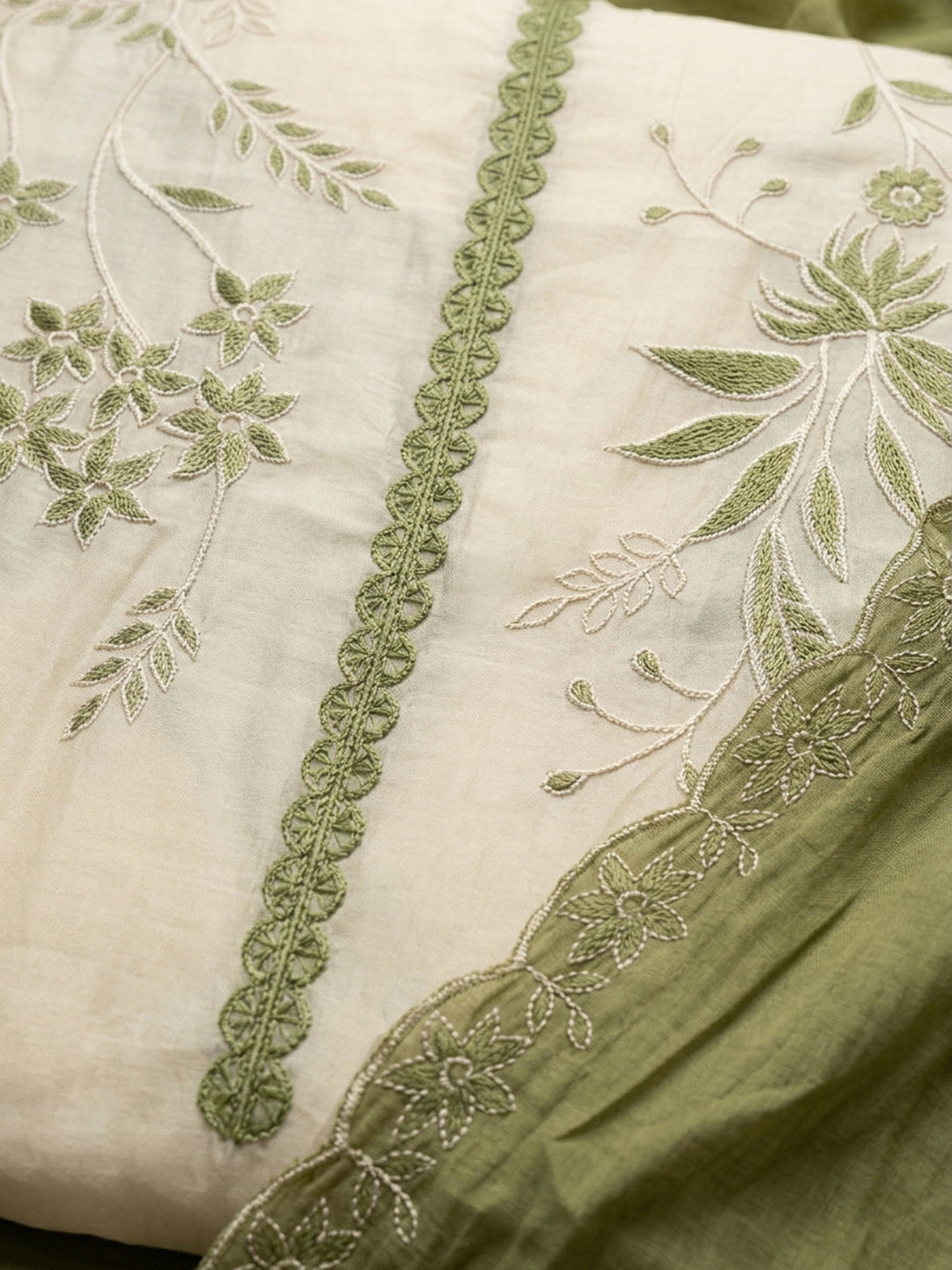 Olive Green Embroidered Chanderi Unstitched Suit &amp; Pant With Chanderi Dupatta
