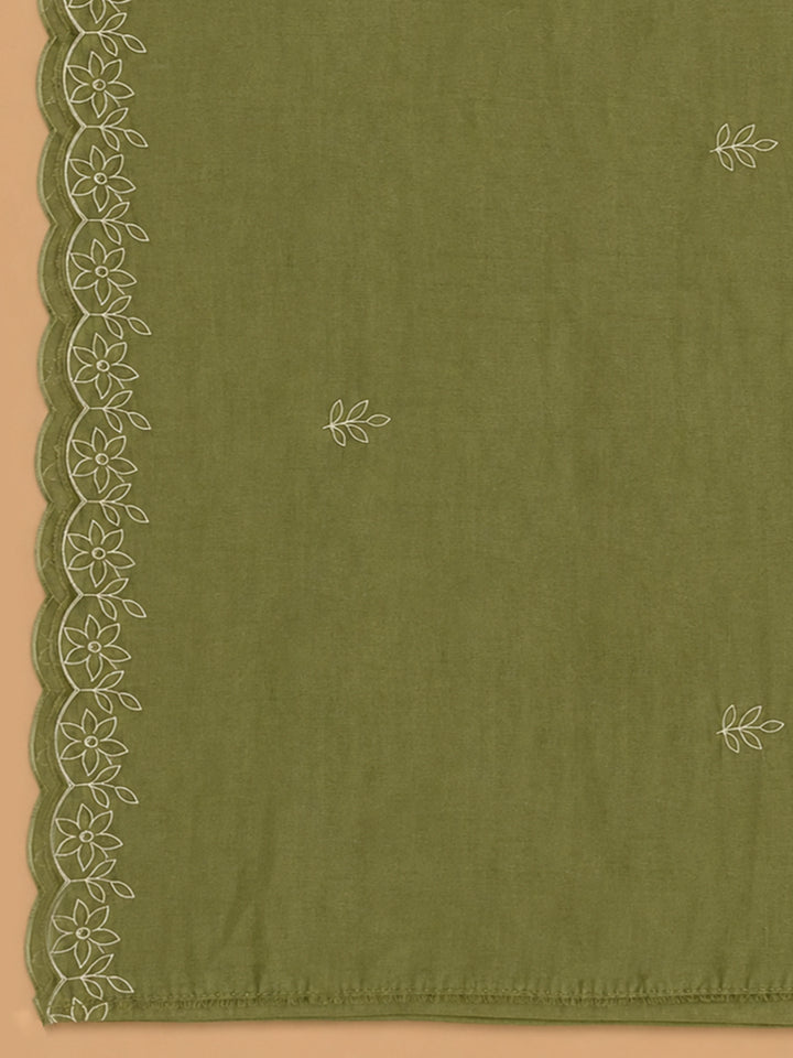 Olive Green Embroidered Chanderi Unstitched Suit &amp; Pant With Chanderi Dupatta