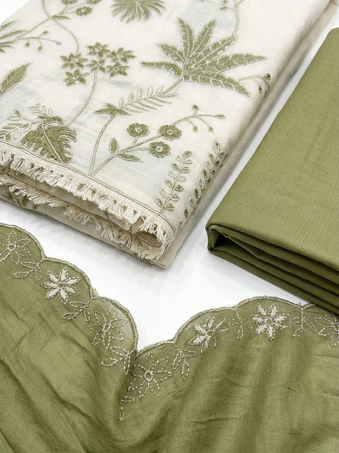 Olive Green Embroidered Chanderi Unstitched Suit &amp; Pant With Chanderi Dupatta