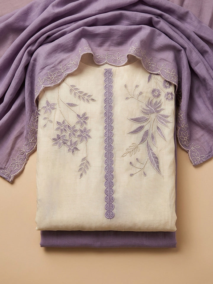 Purple Embroidered Chanderi Unstitched Suit &amp; Pant With Chanderi Dupatta