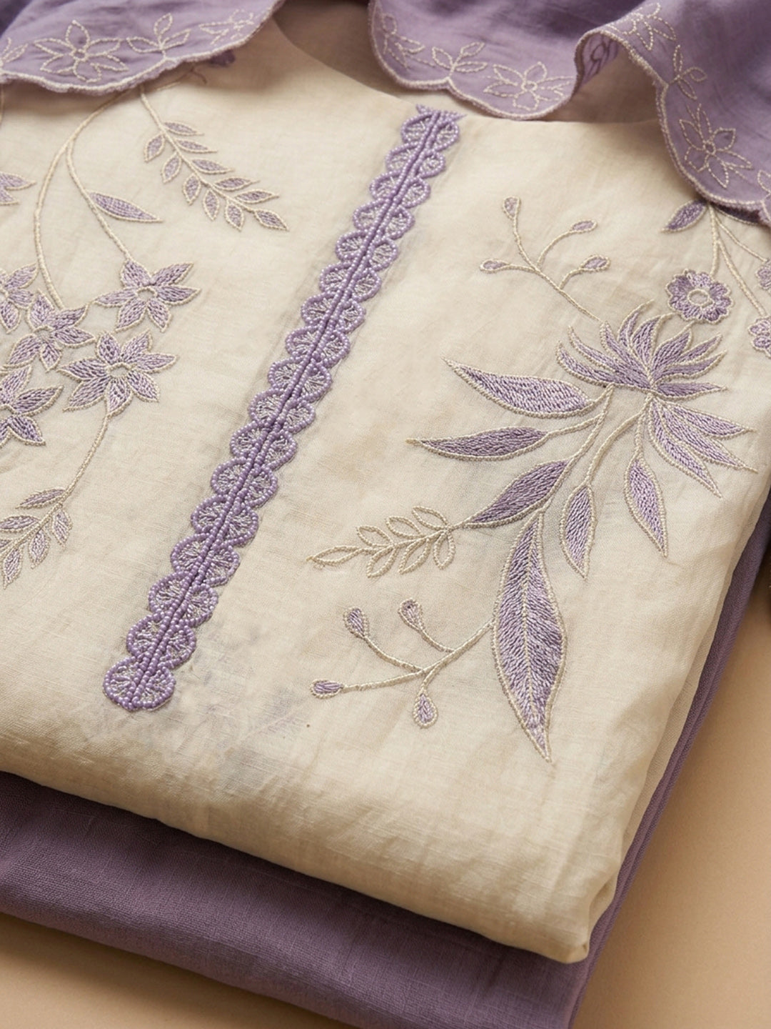 Purple Embroidered Chanderi Unstitched Suit &amp; Pant With Chanderi Dupatta