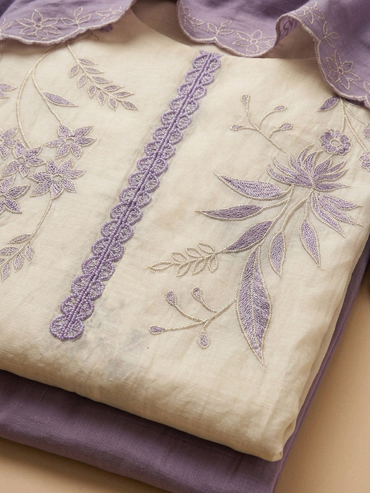 Purple Embroidered Chanderi Unstitched Suit &amp; Pant With Chanderi Dupatta