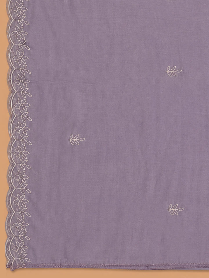 Purple Embroidered Chanderi Unstitched Suit &amp; Pant With Chanderi Dupatta