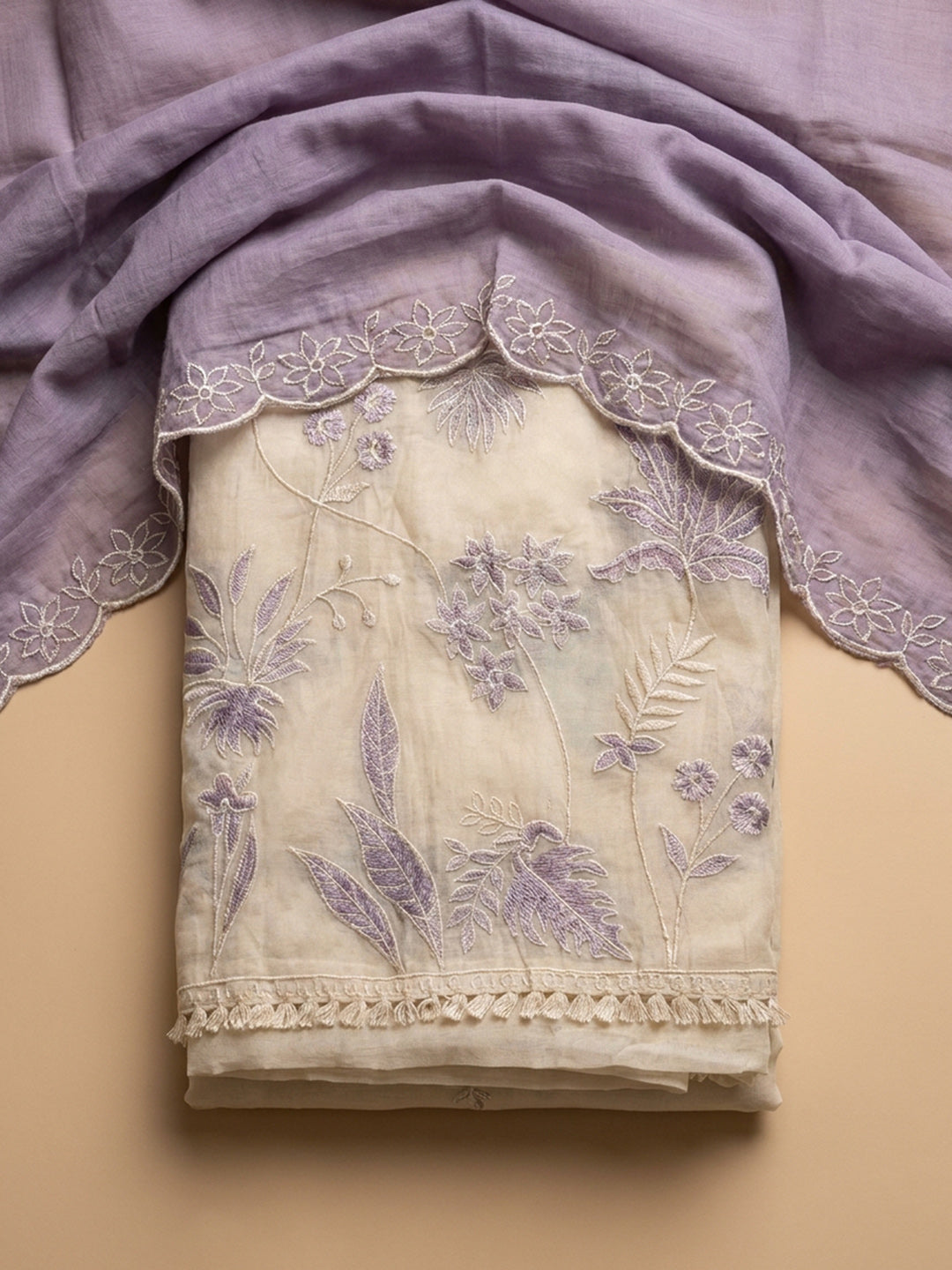 Purple Embroidered Chanderi Unstitched Suit &amp; Pant With Chanderi Dupatta