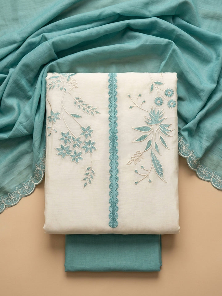 Sea Green Embroidered Chanderi Unstitched Suit &amp; Pant With Chanderi Dupatta