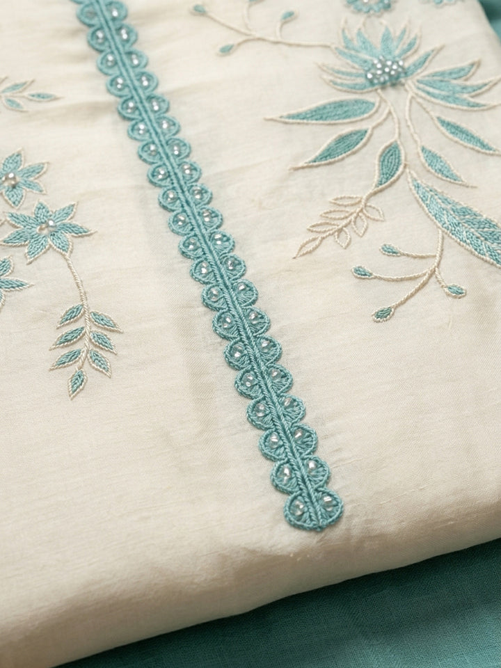 Sea Green Embroidered Chanderi Unstitched Suit &amp; Pant With Chanderi Dupatta