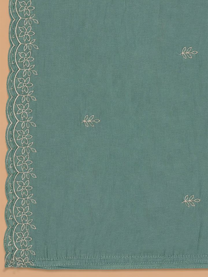 Sea Green Embroidered Chanderi Unstitched Suit &amp; Pant With Chanderi Dupatta