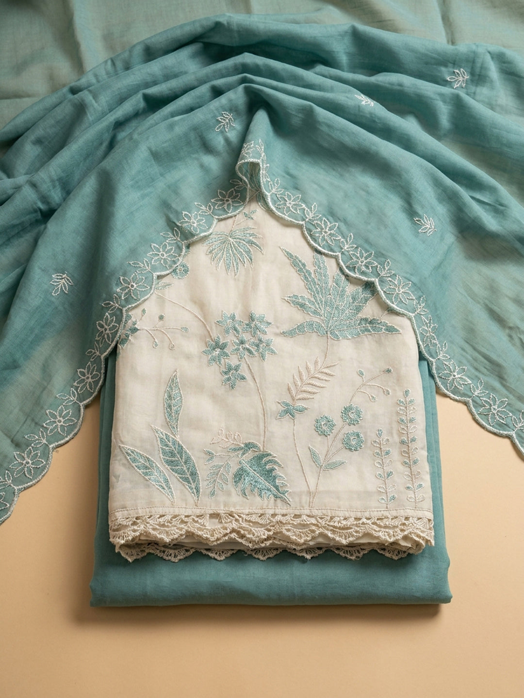 Sea Green Embroidered Chanderi Unstitched Suit &amp; Pant With Chanderi Dupatta
