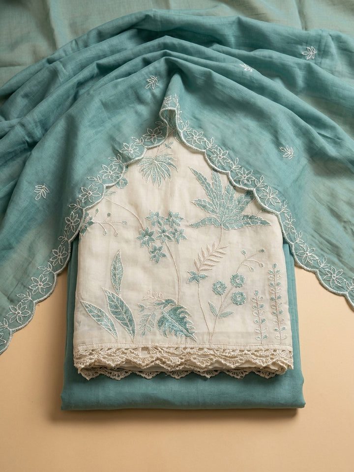 Sea Green Embroidered Chanderi Unstitched Suit &amp; Pant With Chanderi Dupatta