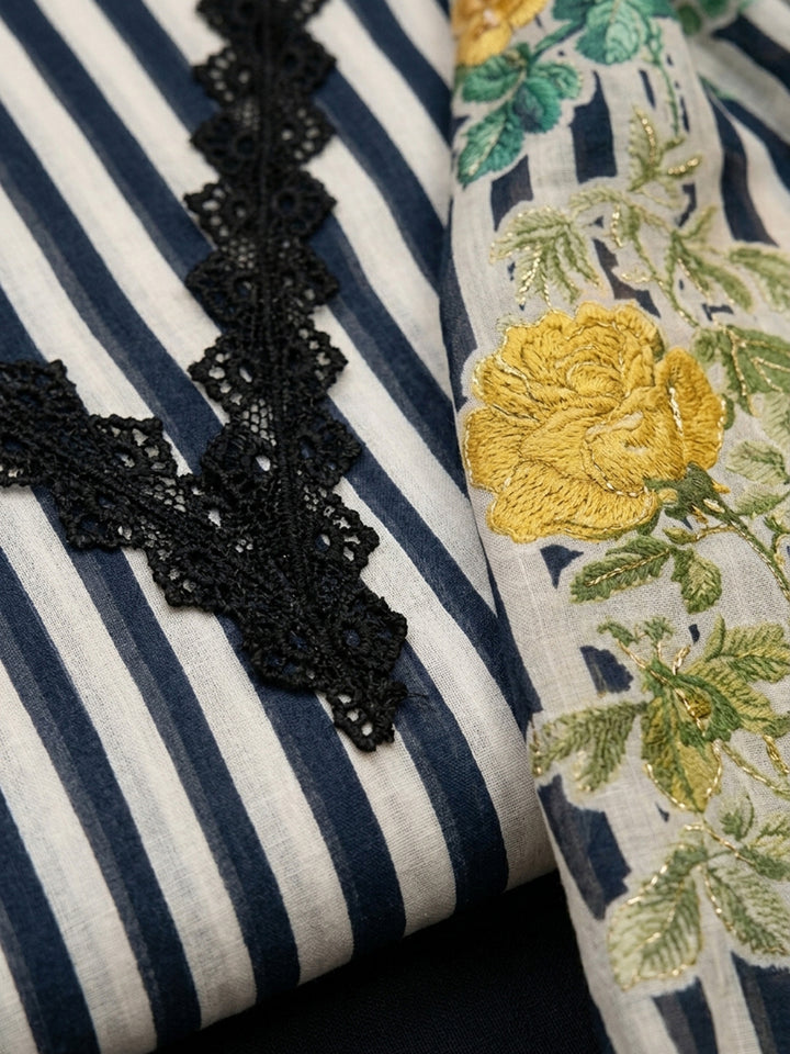 Black Printed Chanderi Unstitched Suit &amp; Pant With Chanderi Dupatta