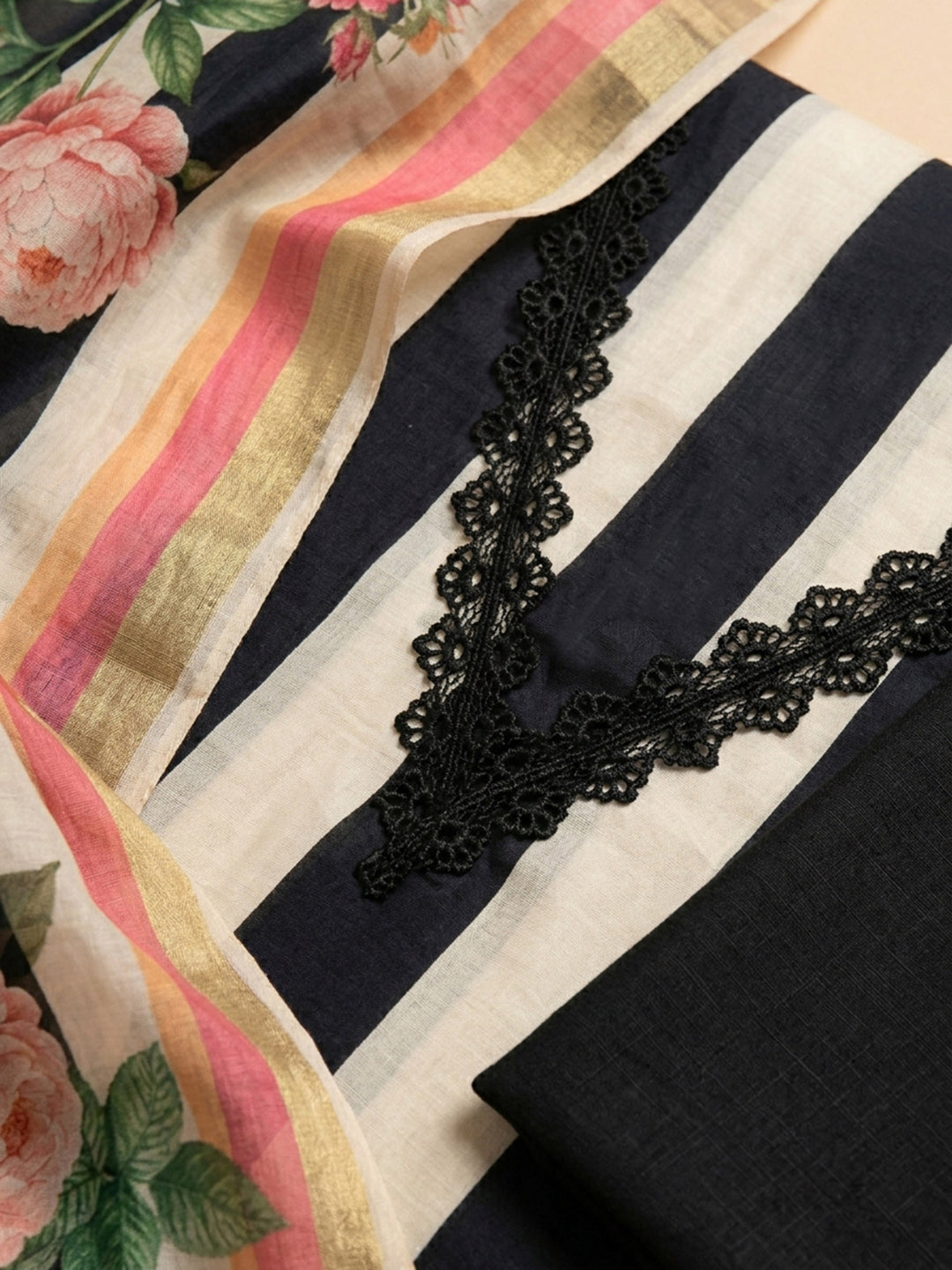 Black Printed Chanderi Unstitched Suit &amp; Pant With Chanderi Dupatta