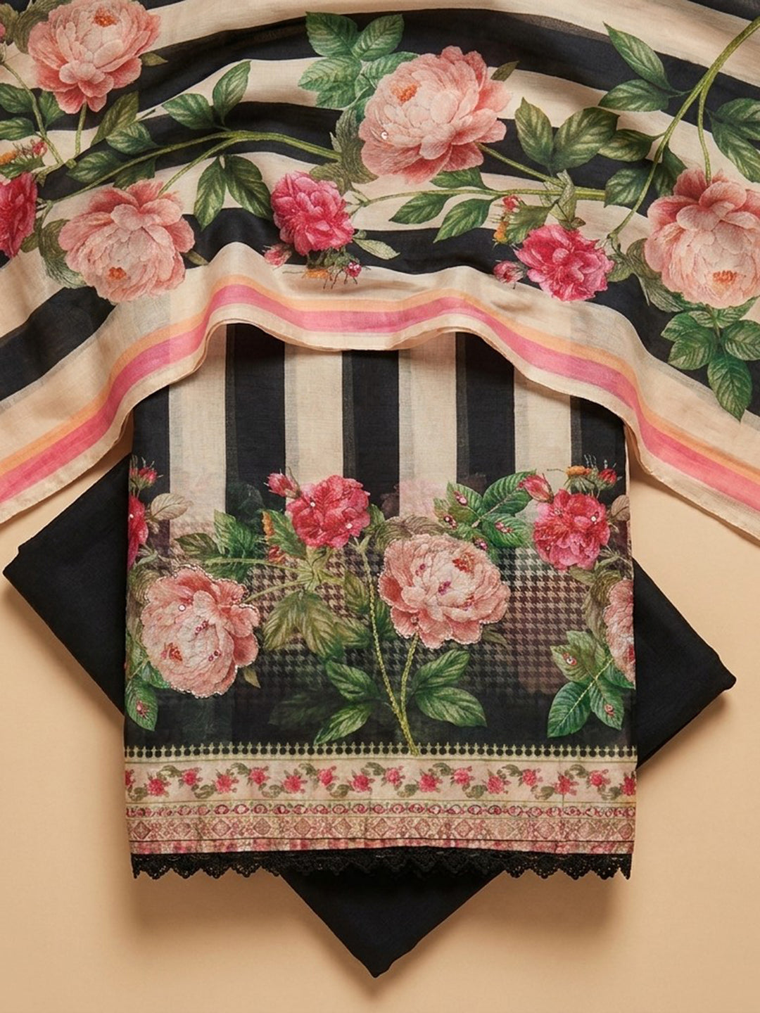Black Printed Chanderi Unstitched Suit &amp; Pant With Chanderi Dupatta