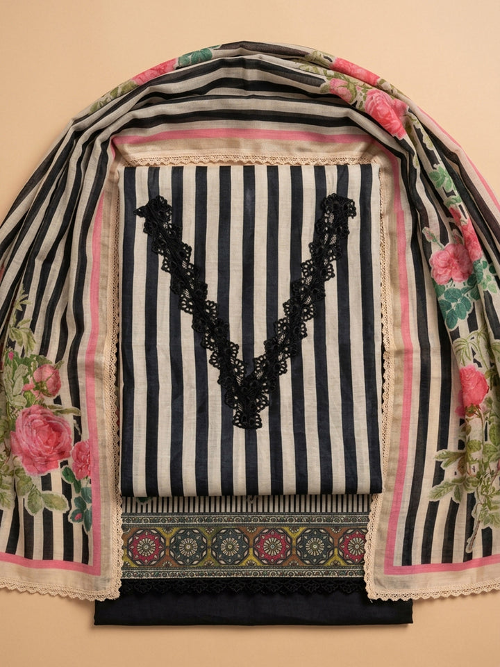 Black Printed Chanderi Unstitched Suit &amp; Pant With Chanderi Dupatta