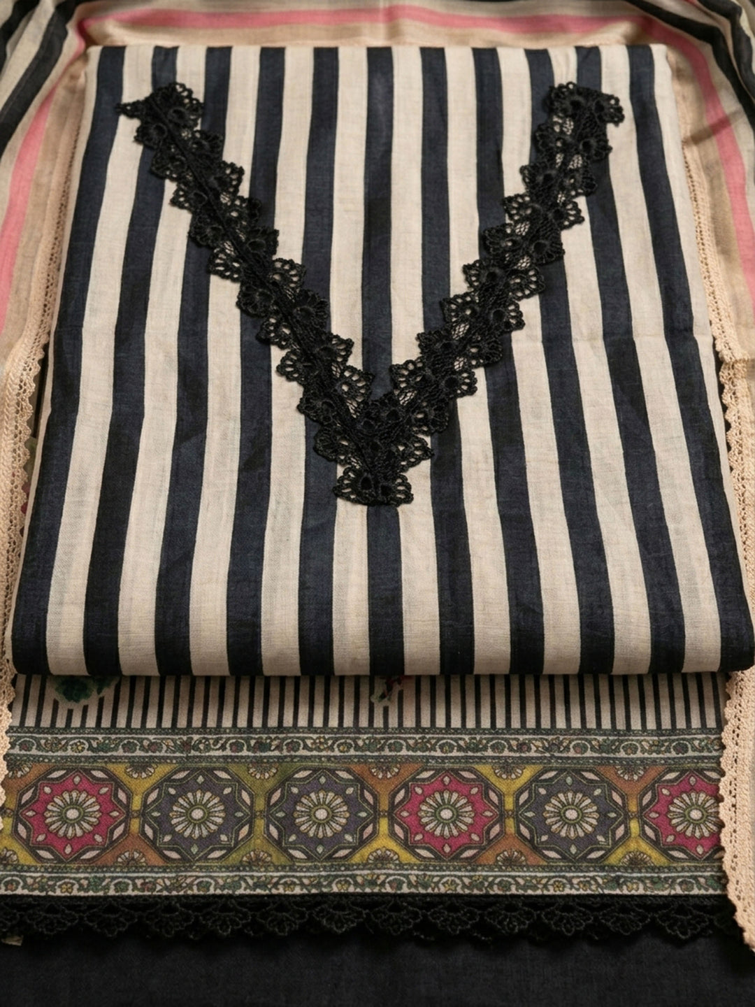 Black Printed Chanderi Unstitched Suit &amp; Pant With Chanderi Dupatta