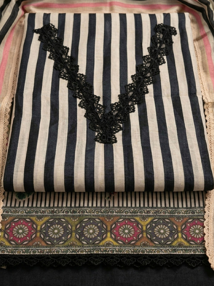 Black Printed Chanderi Unstitched Suit &amp; Pant With Chanderi Dupatta