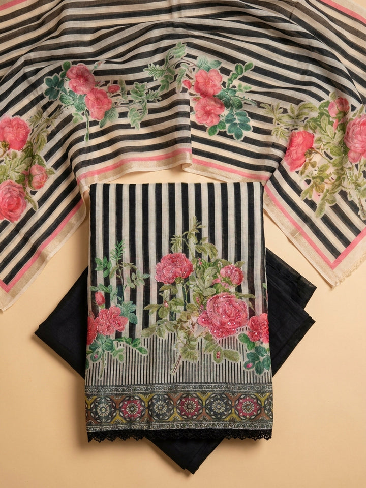 Black Printed Chanderi Unstitched Suit &amp; Pant With Chanderi Dupatta