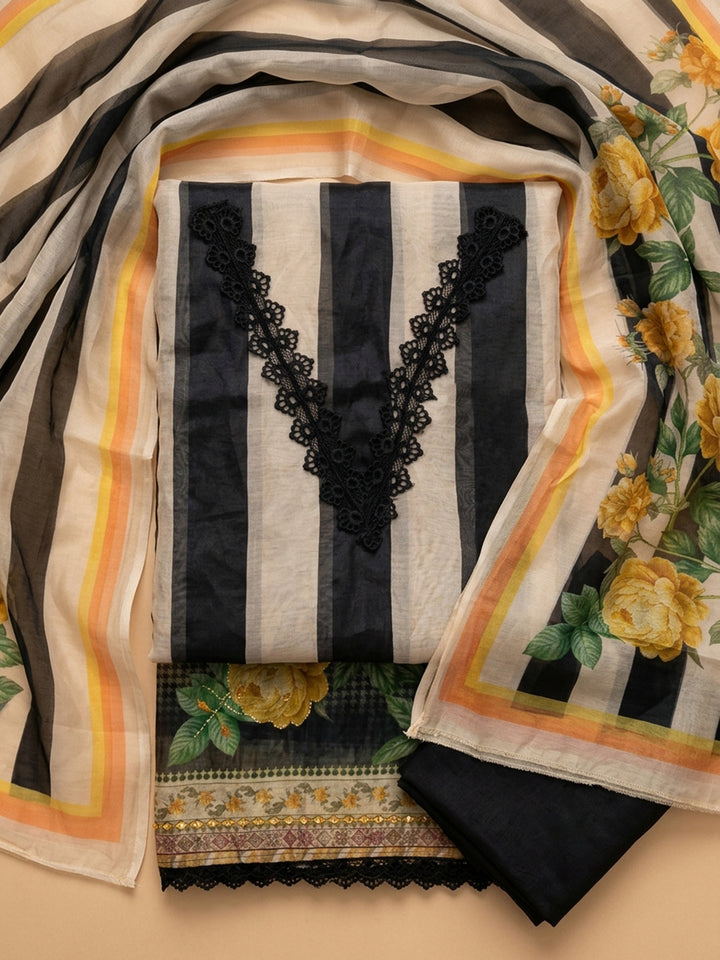 Black Printed Chanderi Unstitched Suit &amp; Pant With Chanderi Dupatta