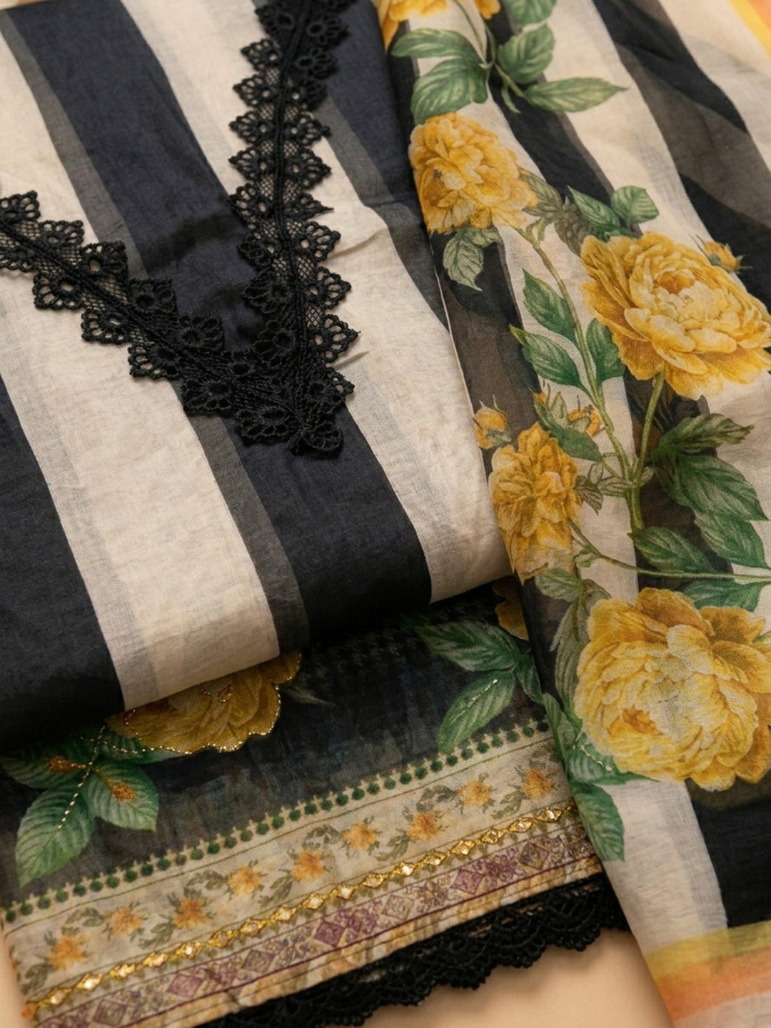 Black Printed Chanderi Unstitched Suit &amp; Pant With Chanderi Dupatta