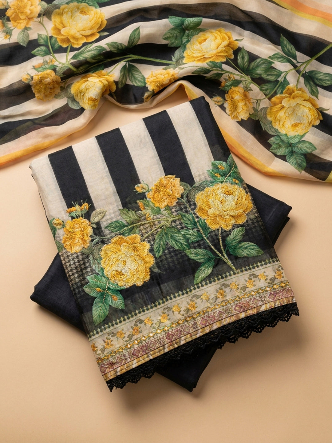 Black Printed Chanderi Unstitched Suit &amp; Pant With Chanderi Dupatta