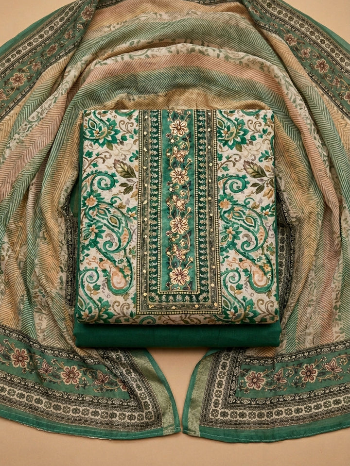 Green Printed Chanderi Unstitched Suit &amp; Pant With Chanderi Dupatta