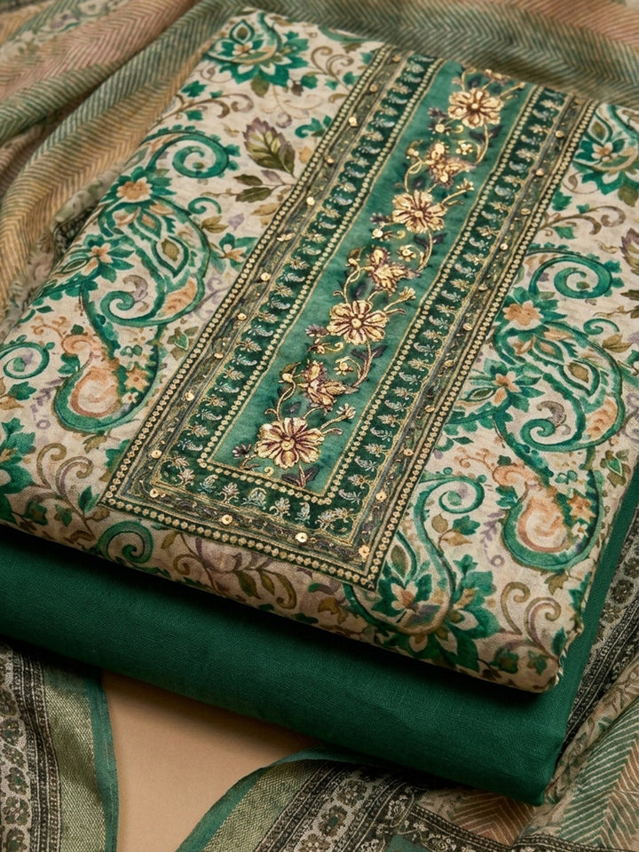 Green Printed Chanderi Unstitched Suit &amp; Pant With Chanderi Dupatta