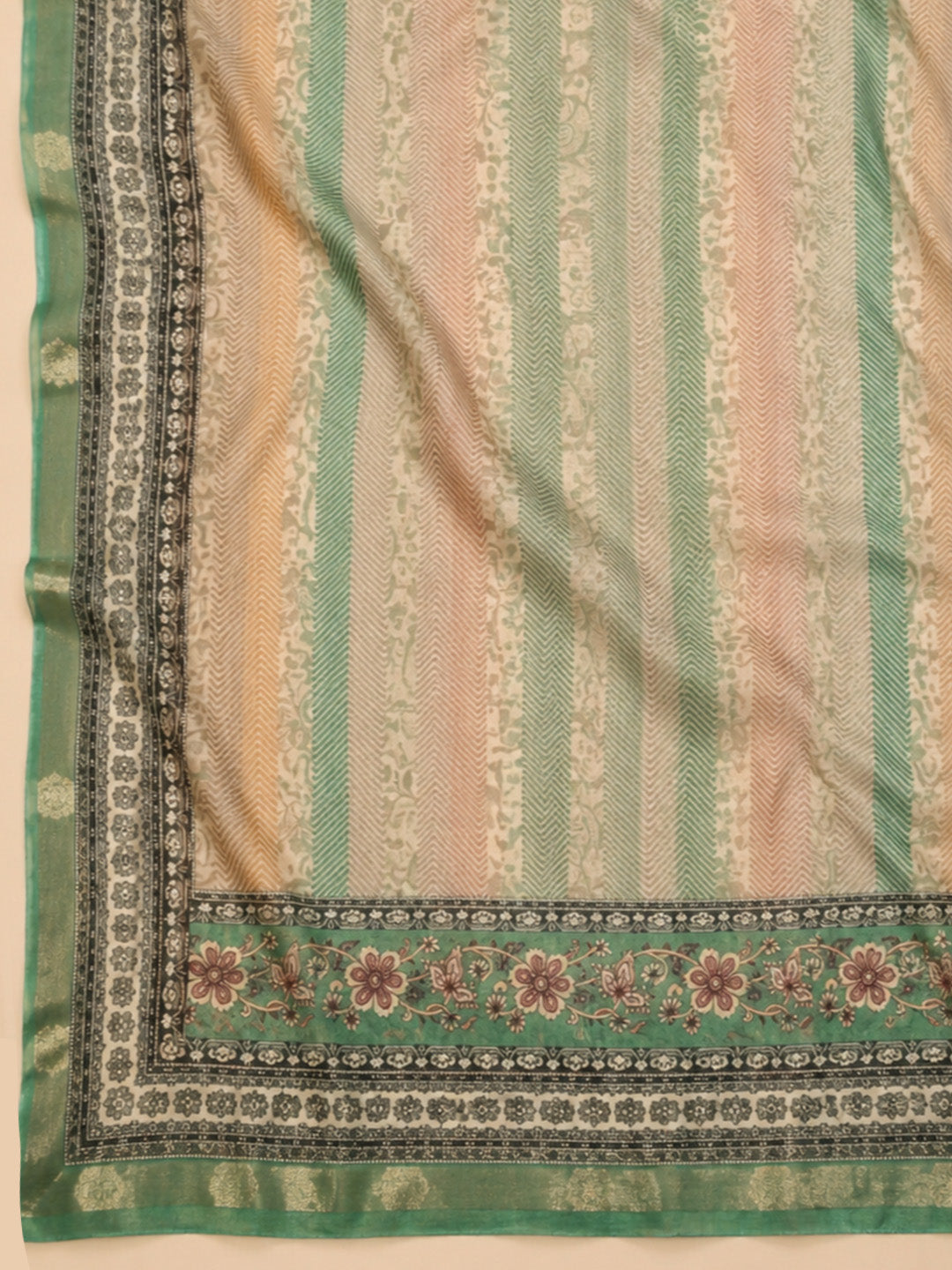 Green Printed Chanderi Unstitched Suit &amp; Pant With Chanderi Dupatta