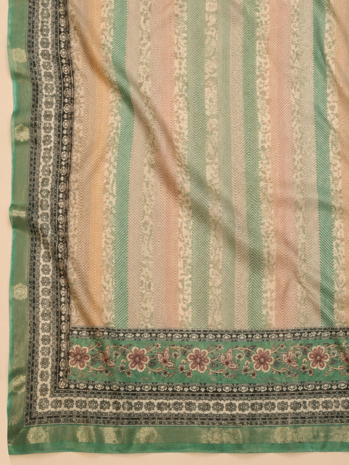 Green Printed Chanderi Unstitched Suit &amp; Pant With Chanderi Dupatta