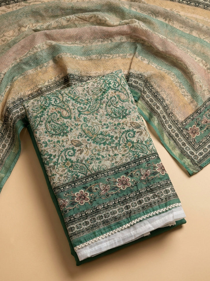 Green Printed Chanderi Unstitched Suit &amp; Pant With Chanderi Dupatta
