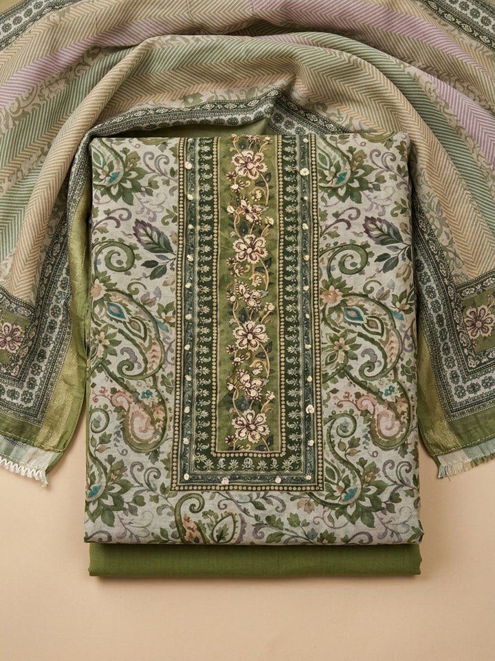 Mehndi Printed Chanderi Unstitched Suit &amp; Pant With Chanderi Dupatta