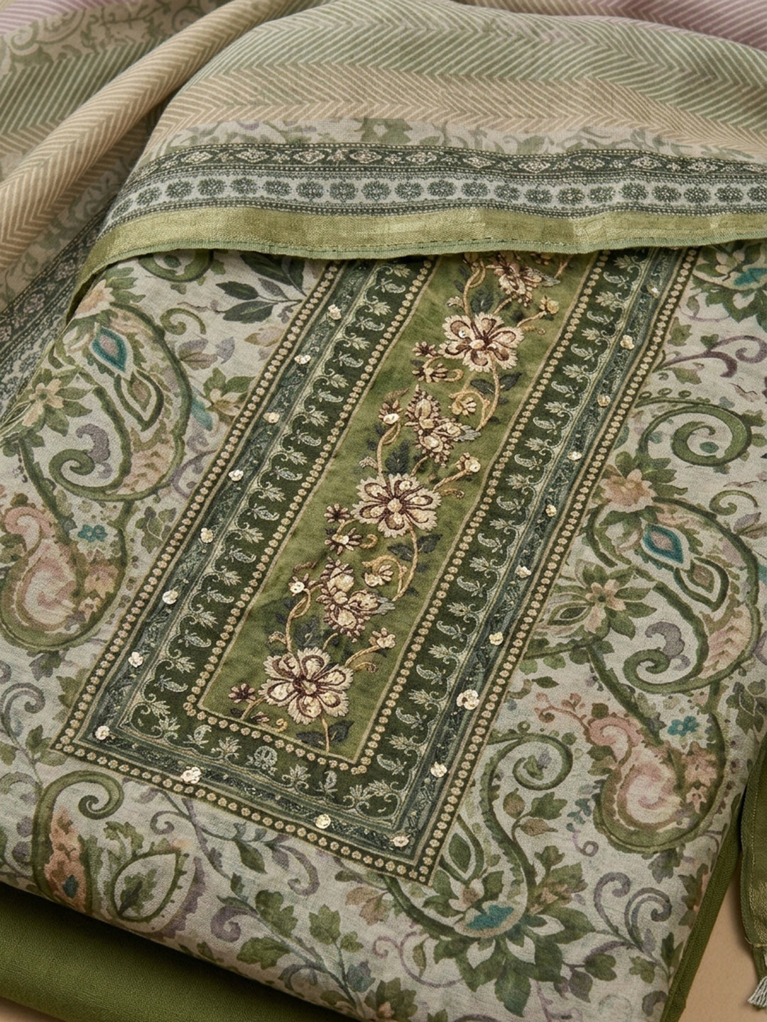 Mehndi Printed Chanderi Unstitched Suit &amp; Pant With Chanderi Dupatta