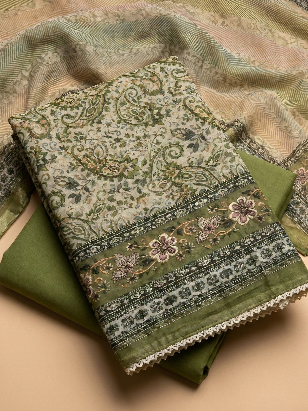 Mehndi Printed Chanderi Unstitched Suit &amp; Pant With Chanderi Dupatta