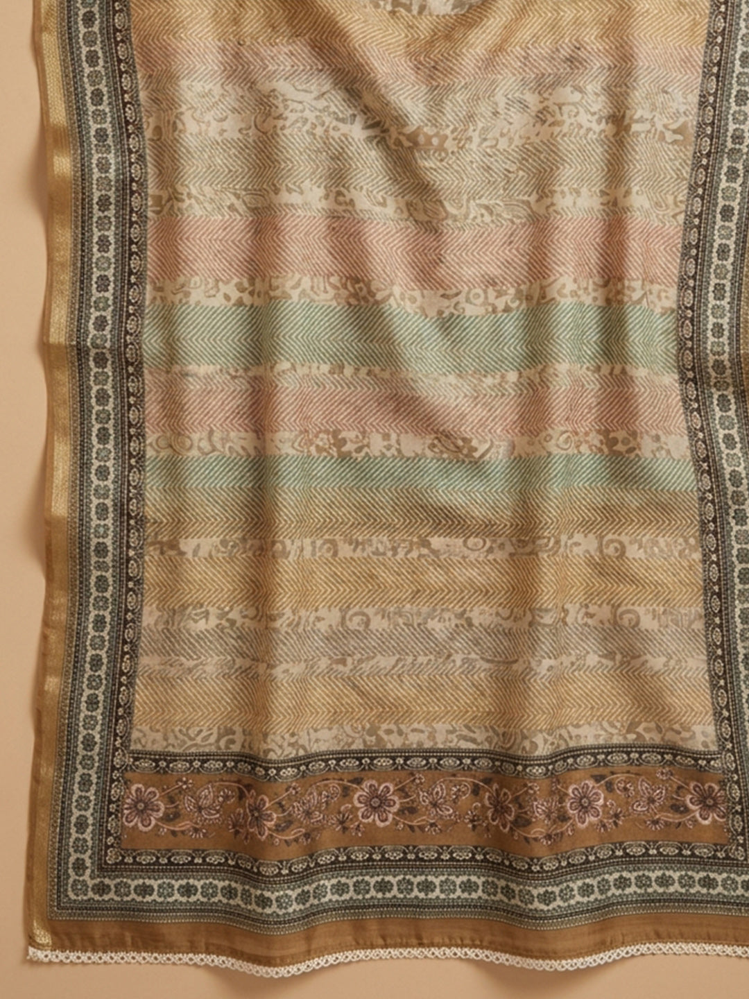 Rust Printed Chanderi Unstitched Suit &amp; Pant With Chanderi Dupatta