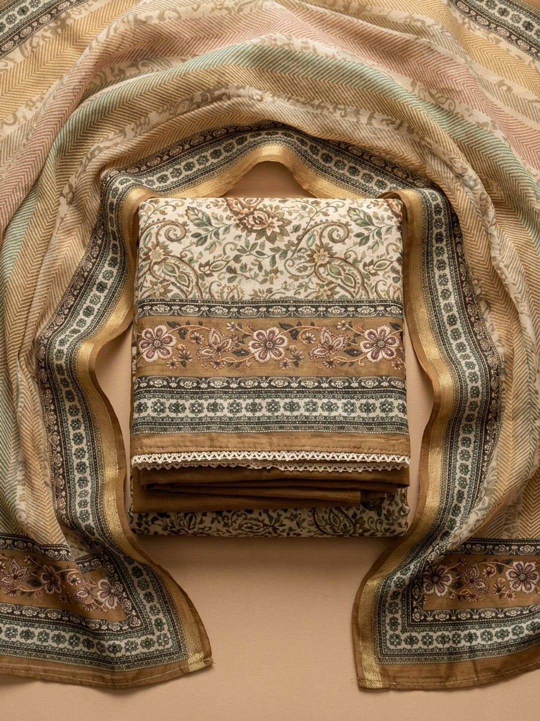Rust Printed Chanderi Unstitched Suit &amp; Pant With Chanderi Dupatta