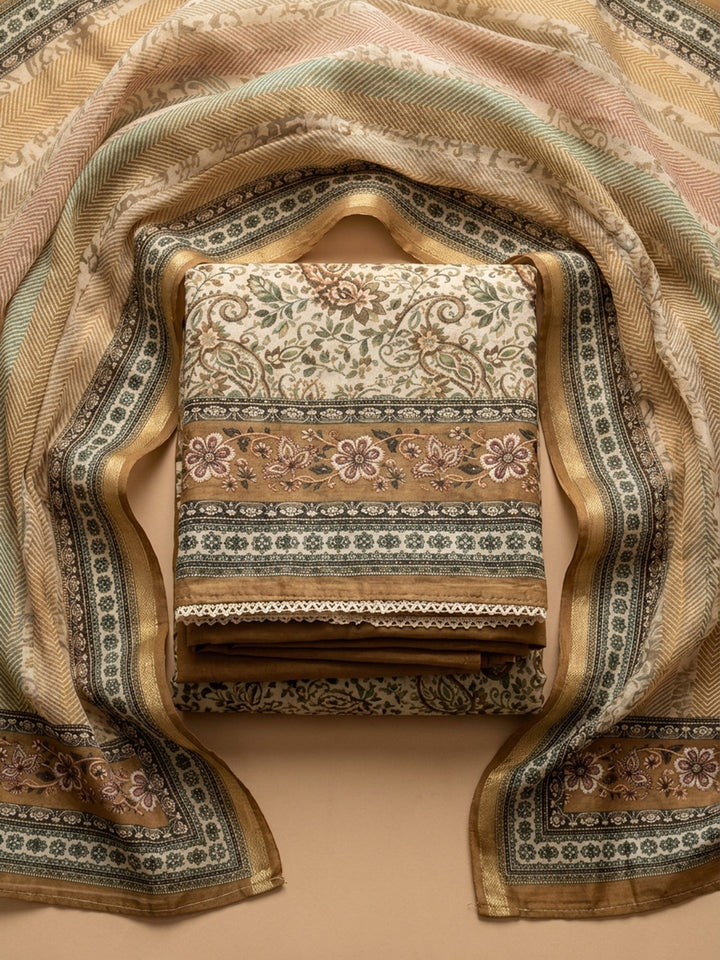 Rust Printed Chanderi Unstitched Suit &amp; Pant With Chanderi Dupatta