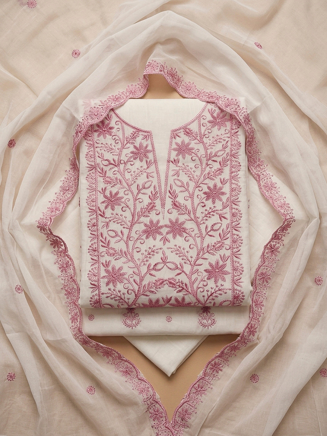 Off White Embroidery Chanderi Unstitched Dress Material