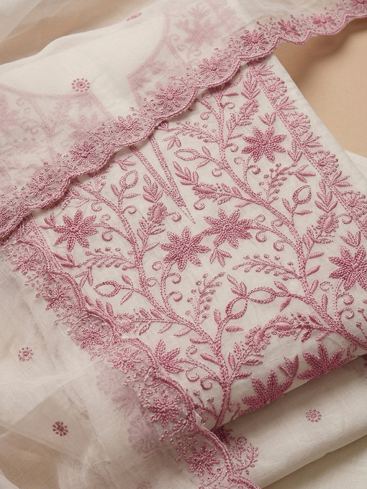 Off White Embroidery Chanderi Unstitched Dress Material