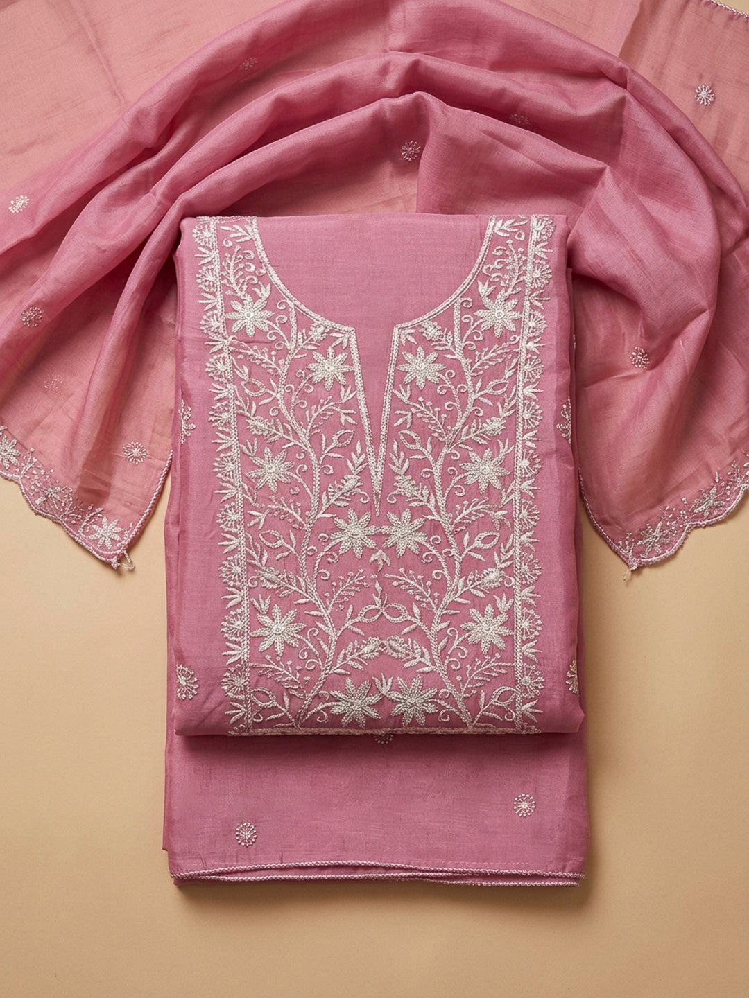 Pink Embroidery Chanderi Unstitched Dress Material