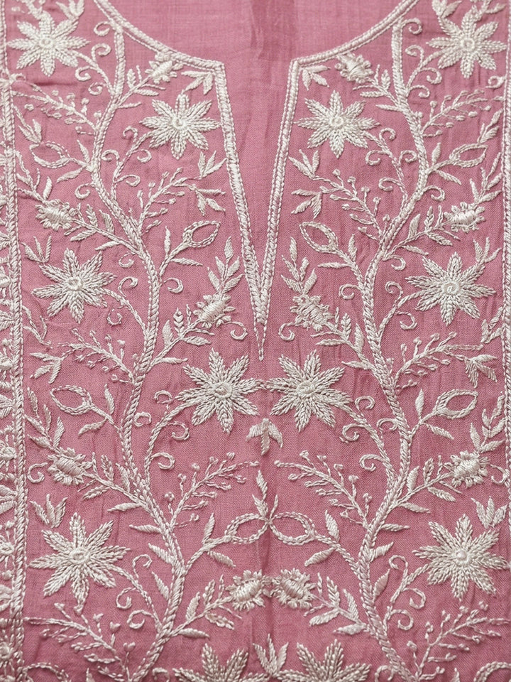 Pink Embroidery Chanderi Unstitched Dress Material