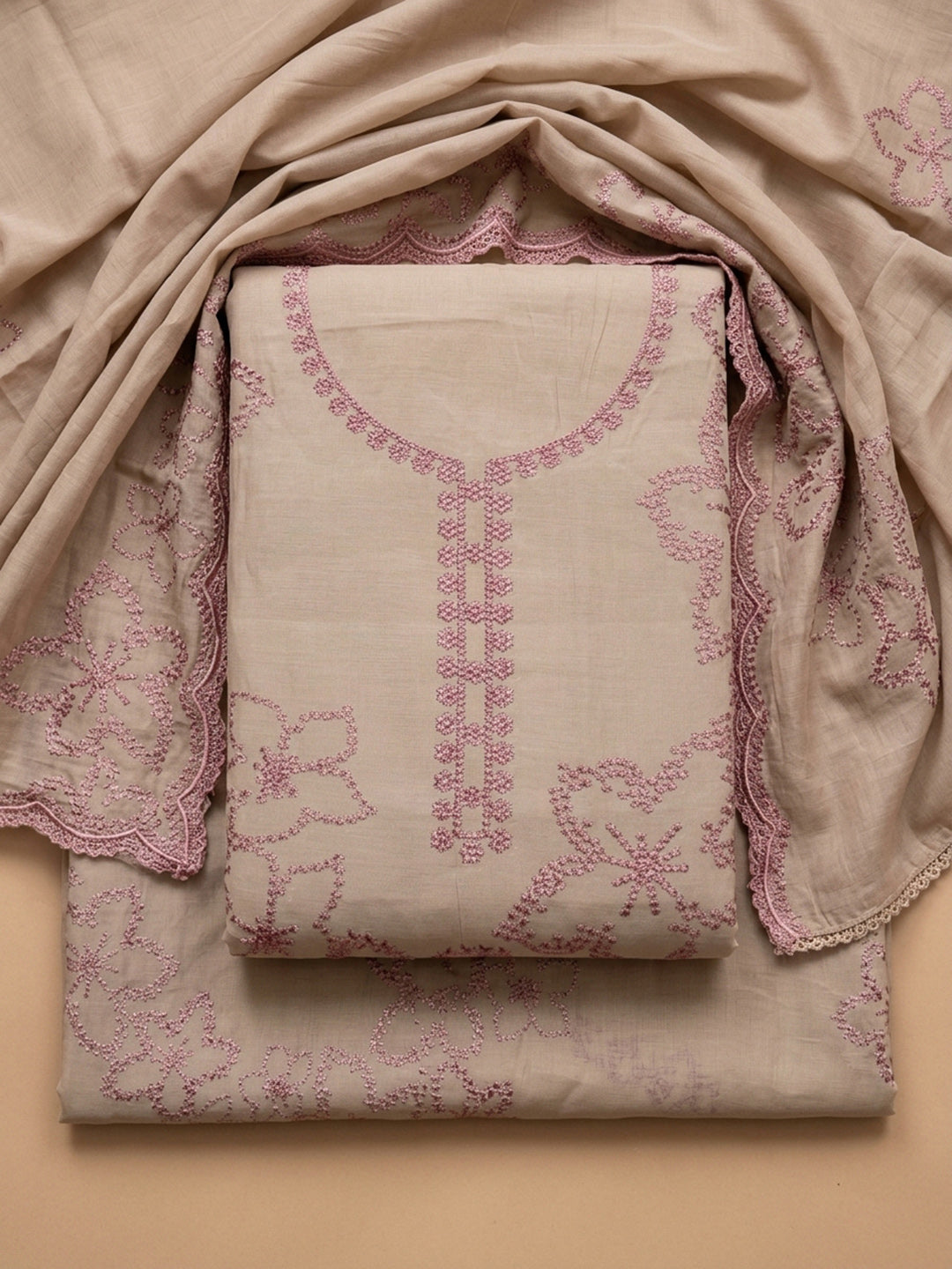 Onion Pink Embroidery Chanderi Unstitched Dress Material